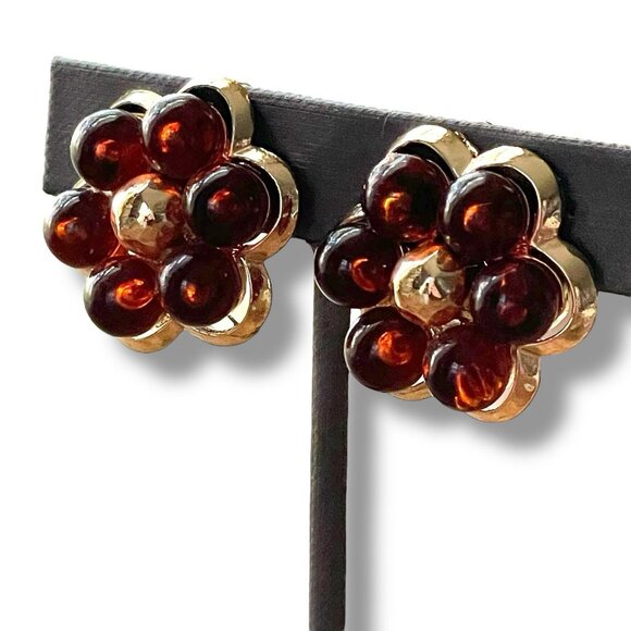 Vintage Coro Earrings Amber Lucite Floral Gold Tone Chunky Clip Signed Flower - Picture 8 of 15